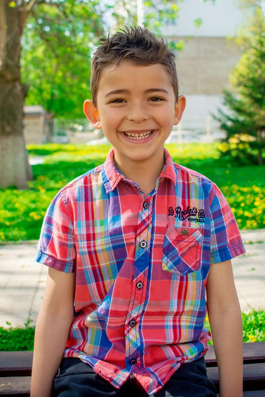 A beaming young boy in a plaid shirt outdoors on a sunny day